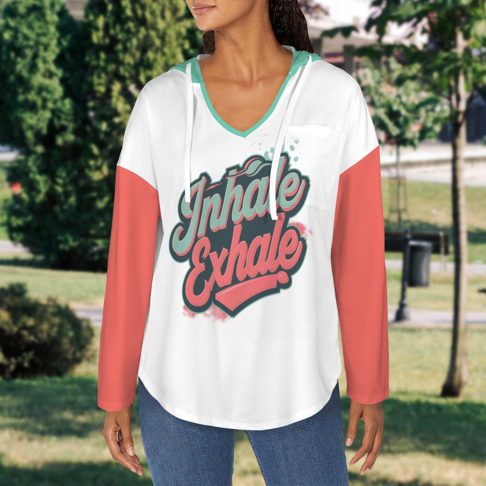 Women's V Neck Long Sleeve Drawstring Pocket Pullover Hoodies