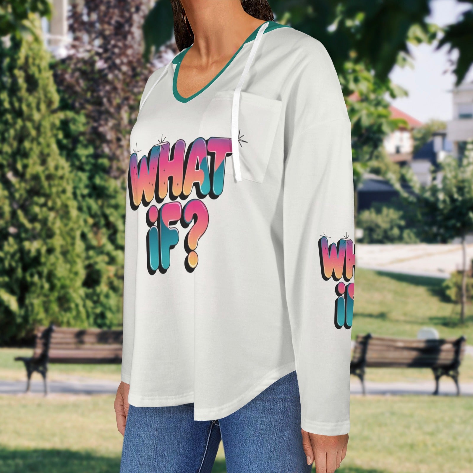 Women's V Neck Long Sleeve Drawstring Pocket Pullover Hoodies