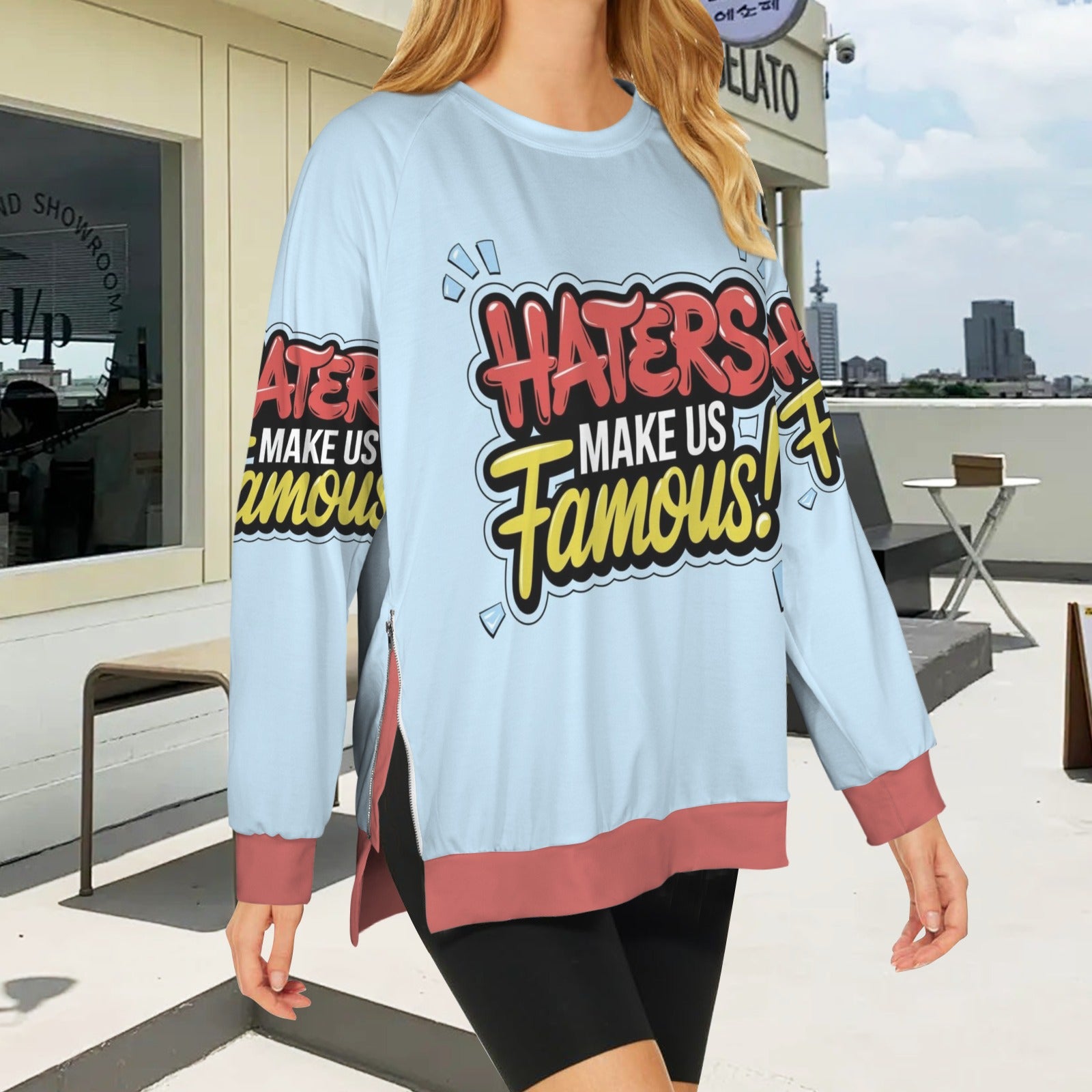 Women's Crew Neck Long Sleeve Side Zipper Sweatshirt