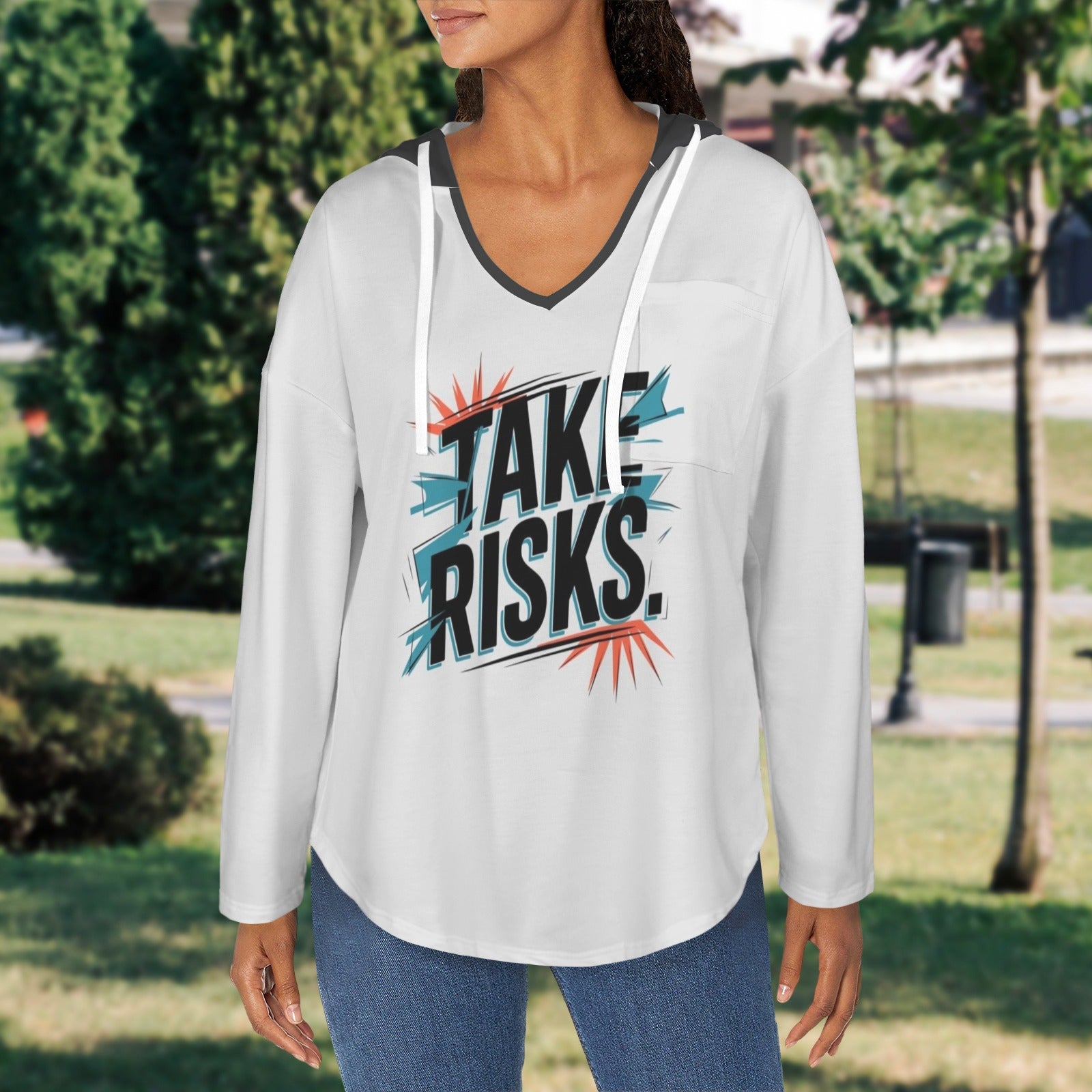 Women's V Neck Long Sleeve Drawstring Pocket Pullover Hoodies