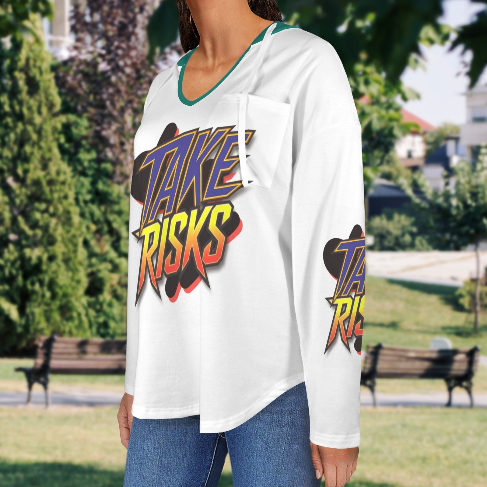 Women's V Neck Long Sleeve Drawstring Pocket Pullover Hoodies