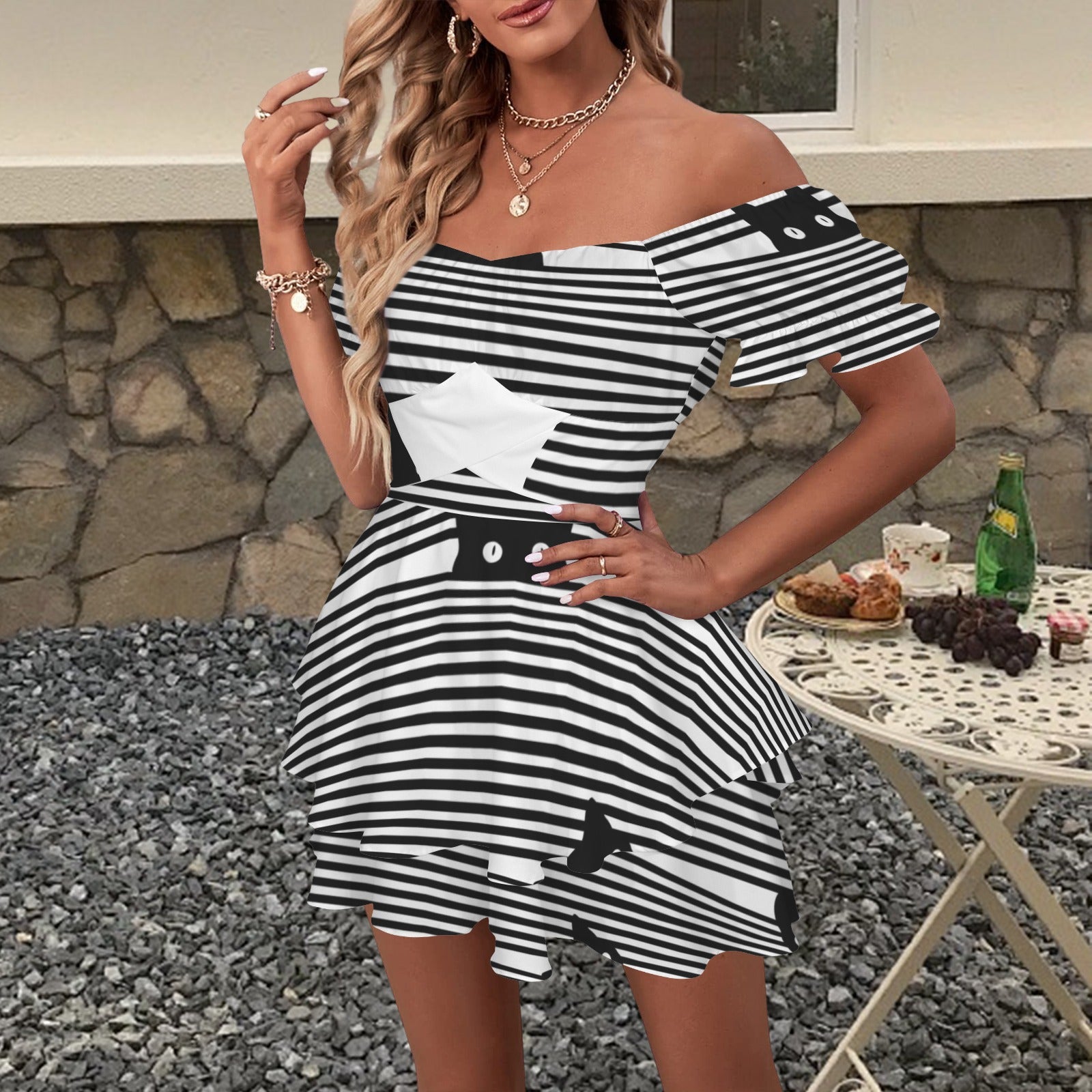 Off Shoulder Strappy Ruffle Hem Romper