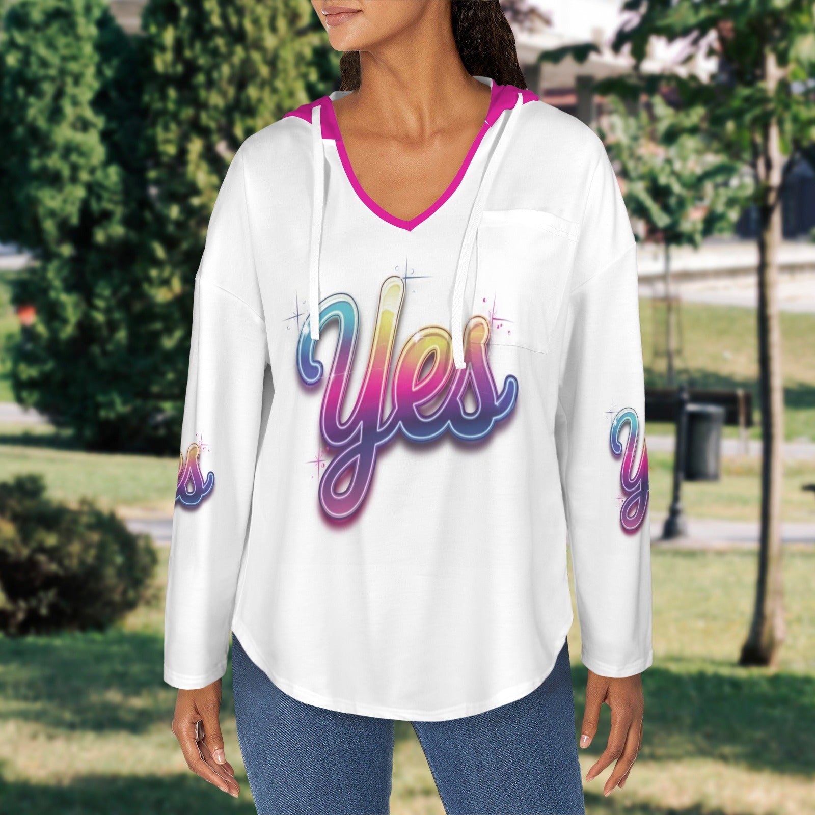 Women's V Neck Long Sleeve Drawstring Pocket Pullover Hoodies