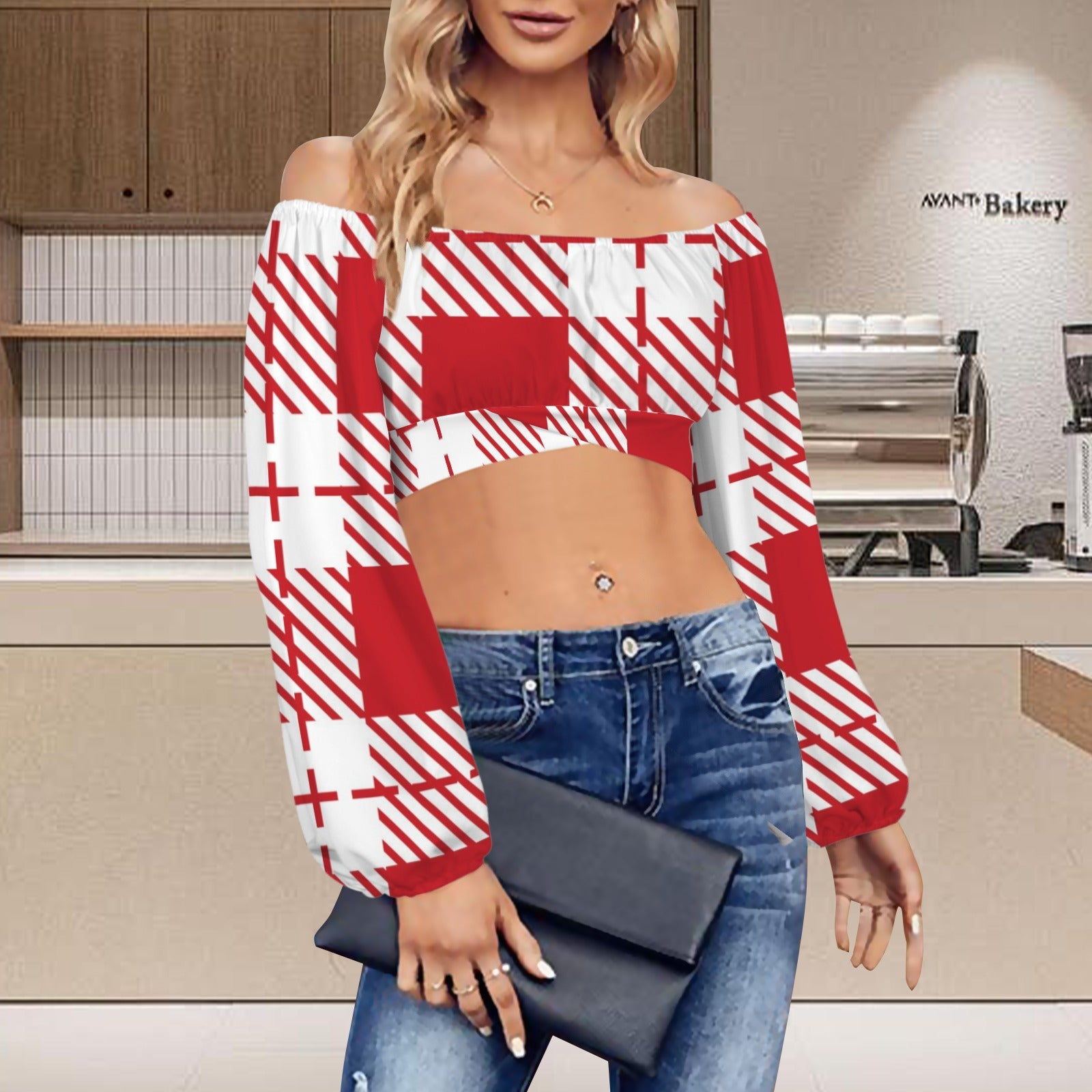 Off Shoulder Long Sleeve Cross Tie Back Crop Blouse