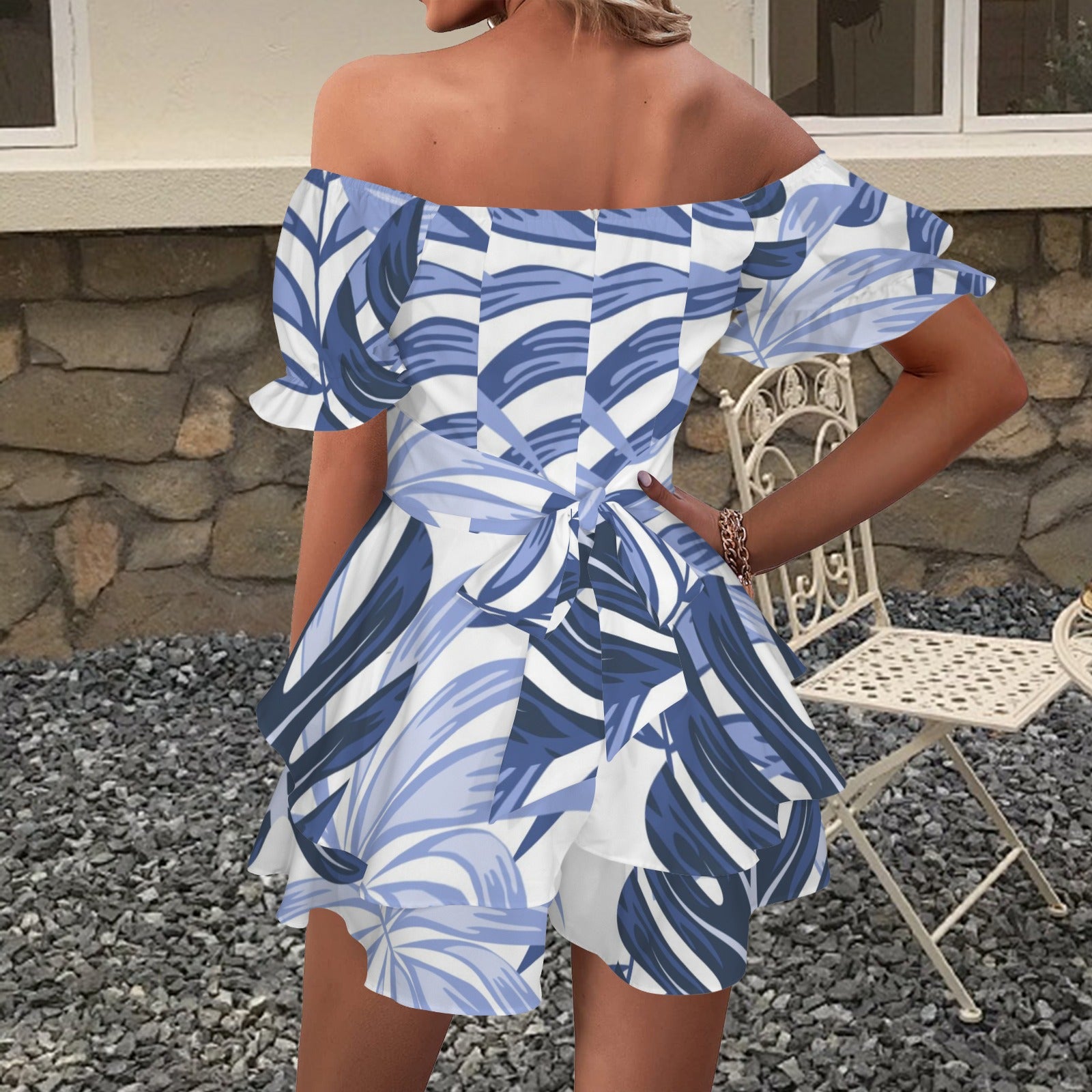 Off Shoulder Strappy Ruffle Hem Romper