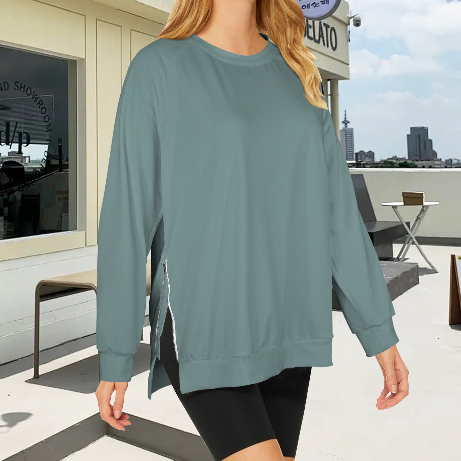 Women's Crew Neck Long Sleeve Side Zipper Sweatshirt