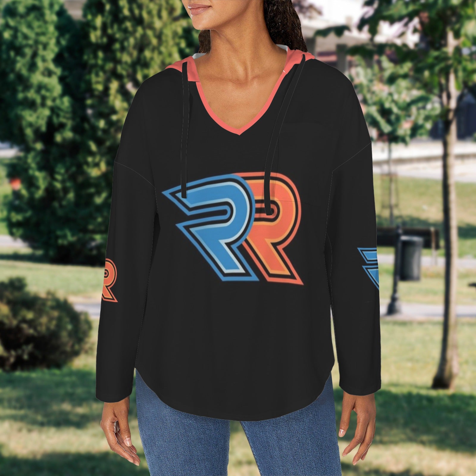 Women's V Neck Long Sleeve Drawstring Pocket Pullover Hoodies