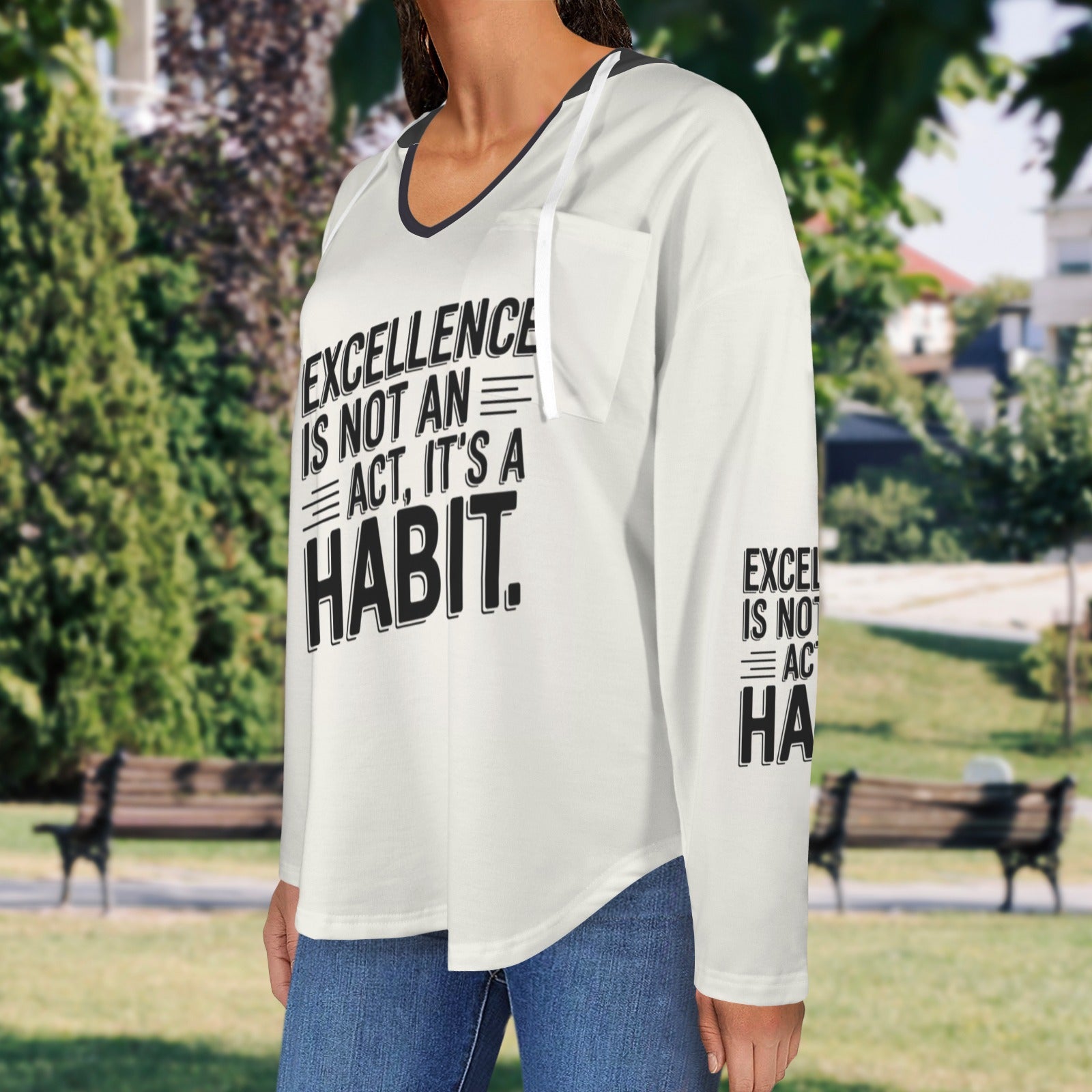 Women's V Neck Long Sleeve Drawstring Pocket Pullover Hoodies