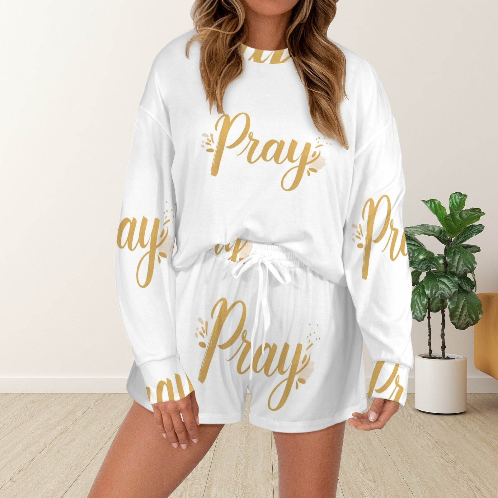 Women's Long Sleeve&Tether Shorts Pocket Pajama Sets
