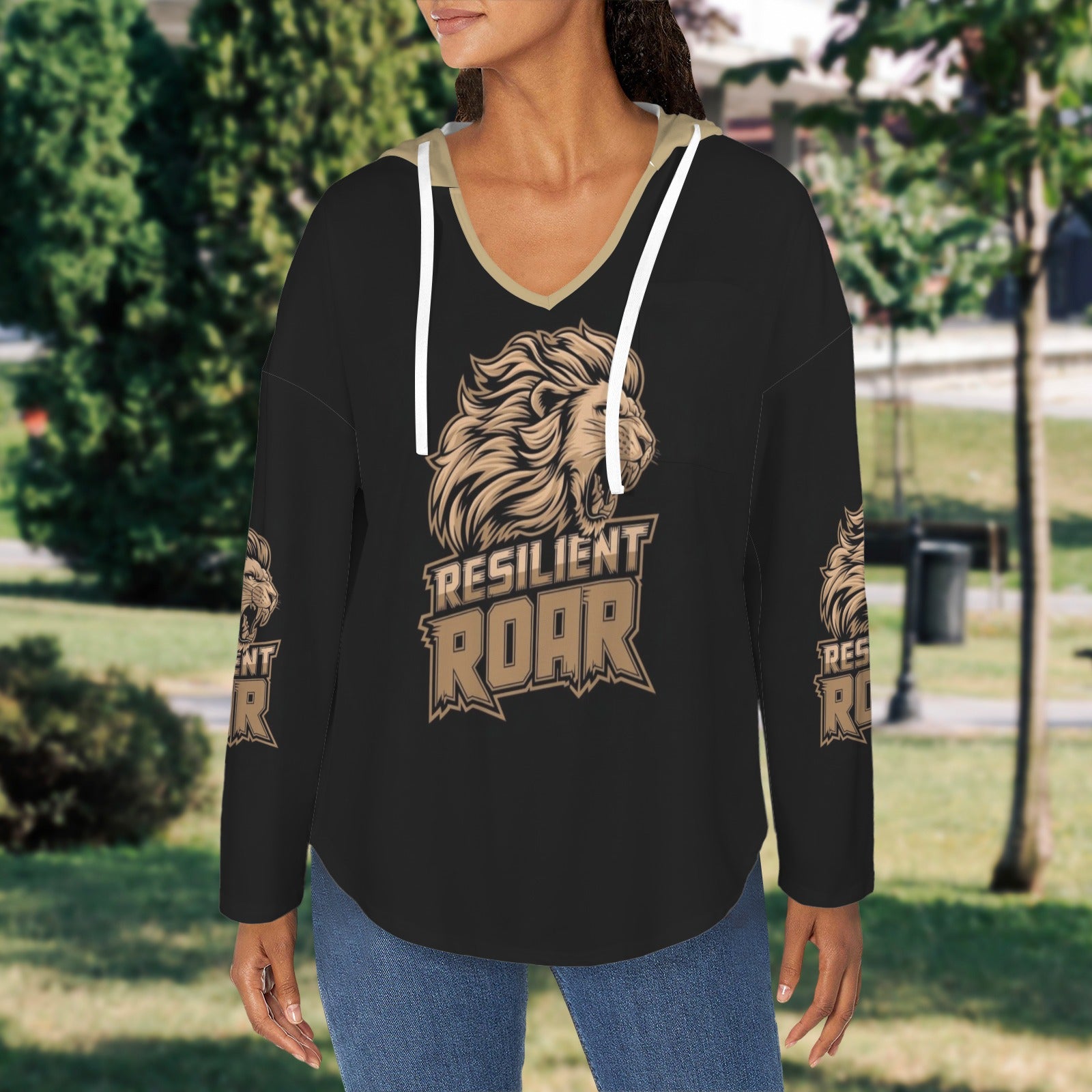 Women's V Neck Long Sleeve Drawstring Pocket Pullover Hoodies
