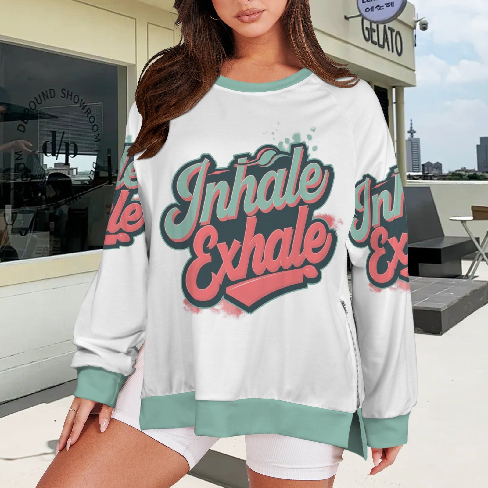 Women's Crew Neck Long Sleeve Side Zipper Sweatshirt