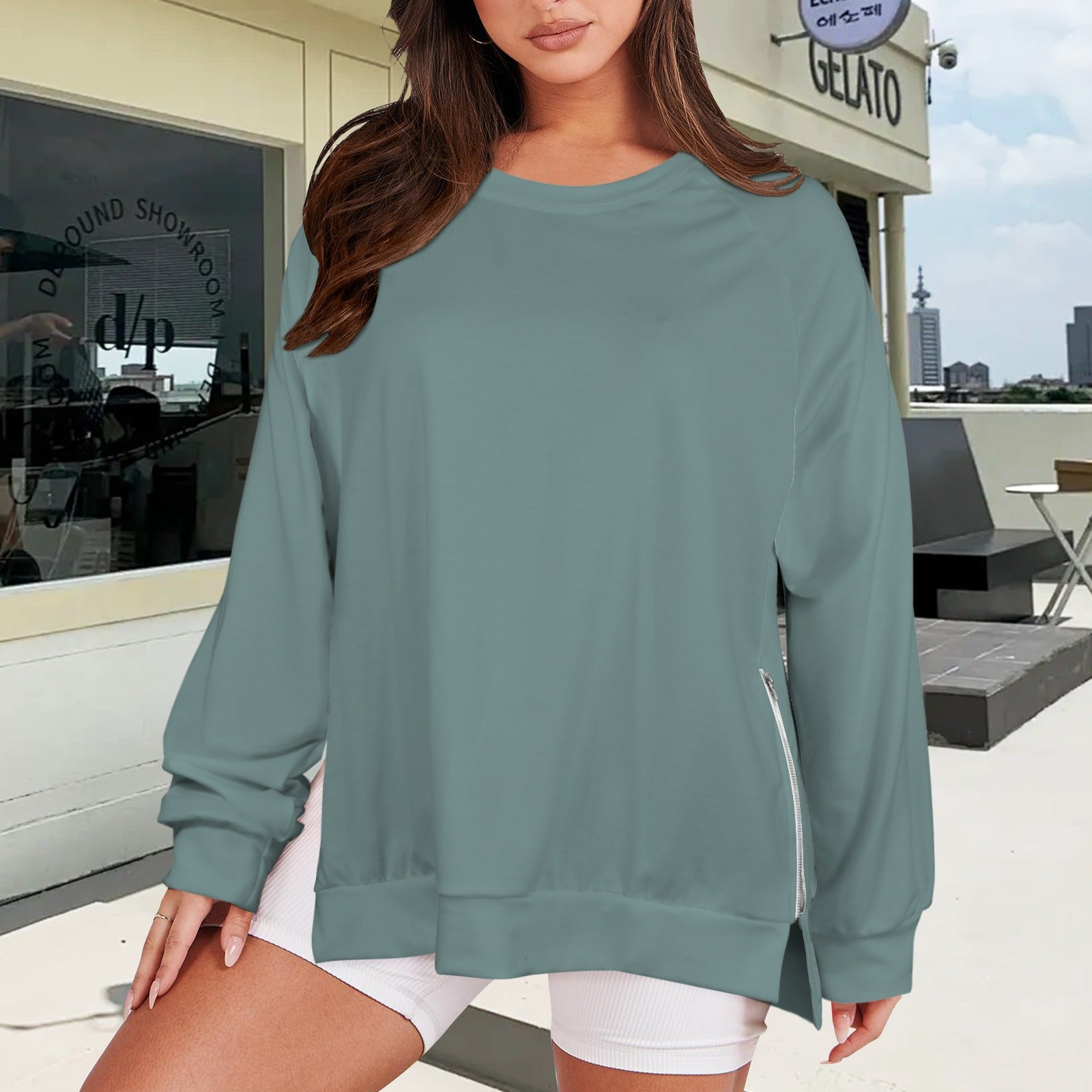 Women's Crew Neck Long Sleeve Side Zipper Sweatshirt