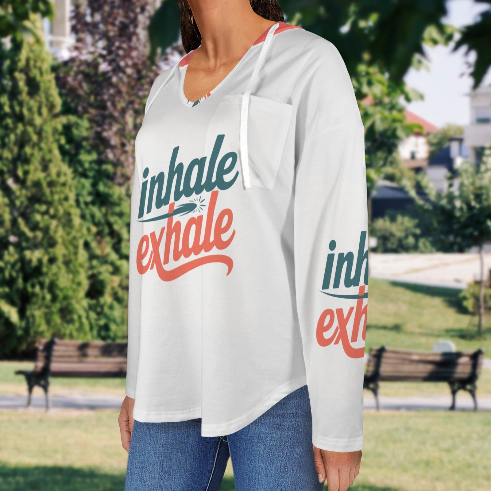 Women's V Neck Long Sleeve Drawstring Pocket Pullover Hoodies
