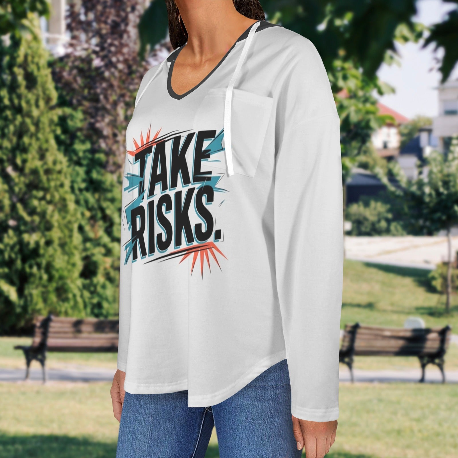 Women's V Neck Long Sleeve Drawstring Pocket Pullover Hoodies