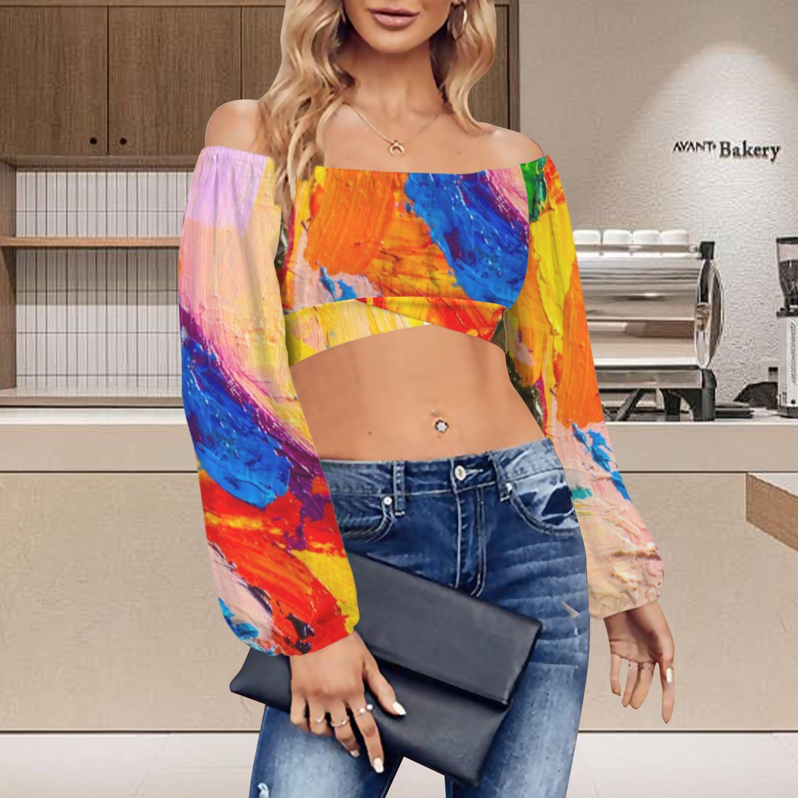 Off Shoulder Long Sleeve Cross Tie Back Crop Blouse