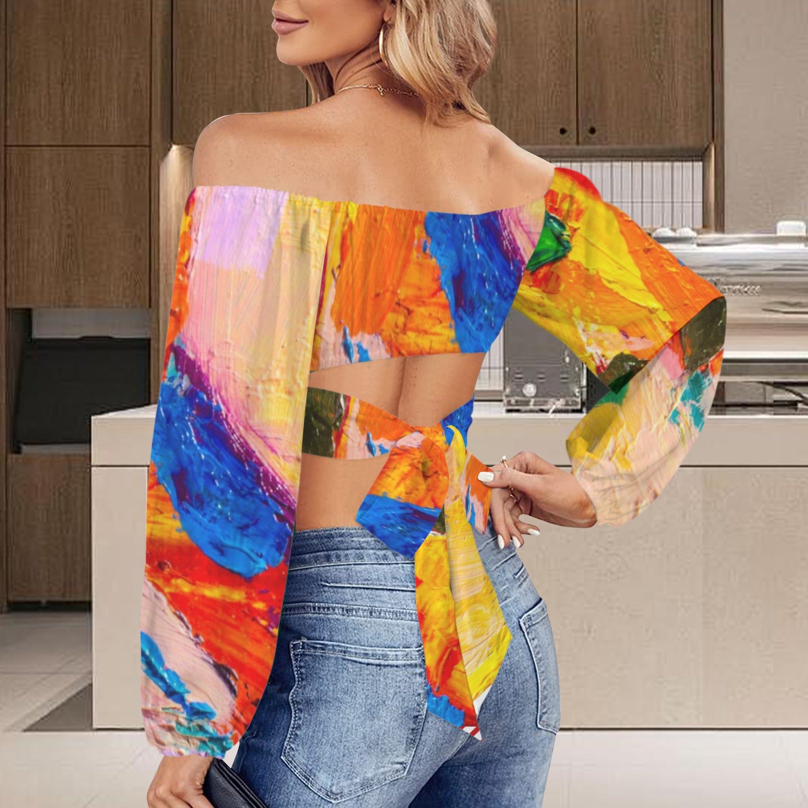 Off Shoulder Long Sleeve Cross Tie Back Crop Blouse