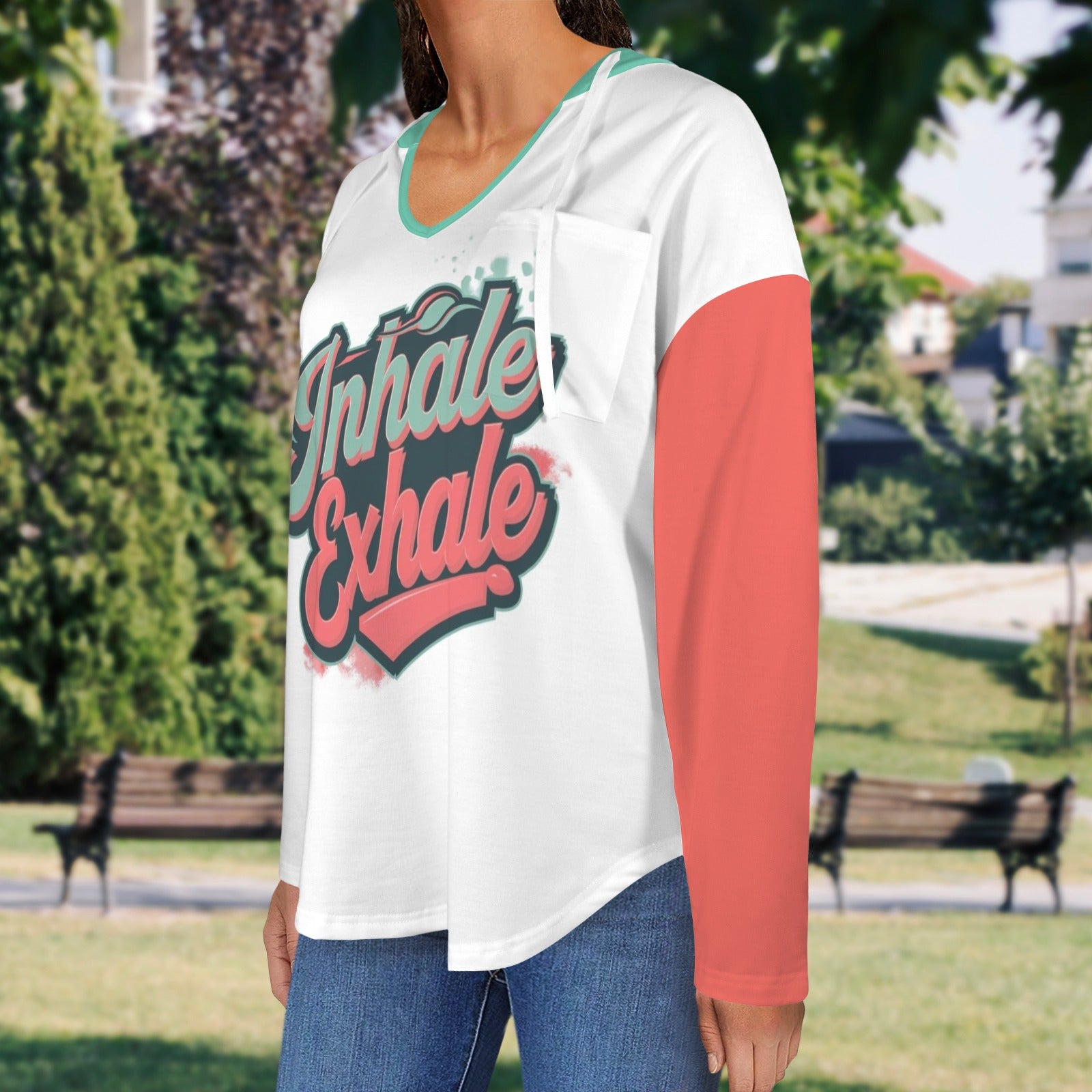 Women's V Neck Long Sleeve Drawstring Pocket Pullover Hoodies