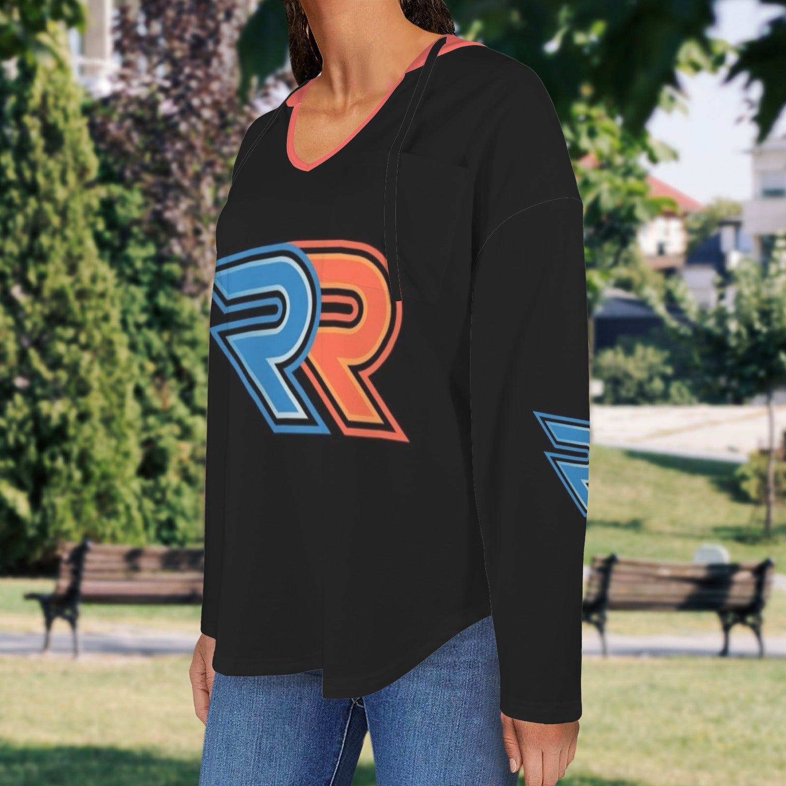 Women's V Neck Long Sleeve Drawstring Pocket Pullover Hoodies