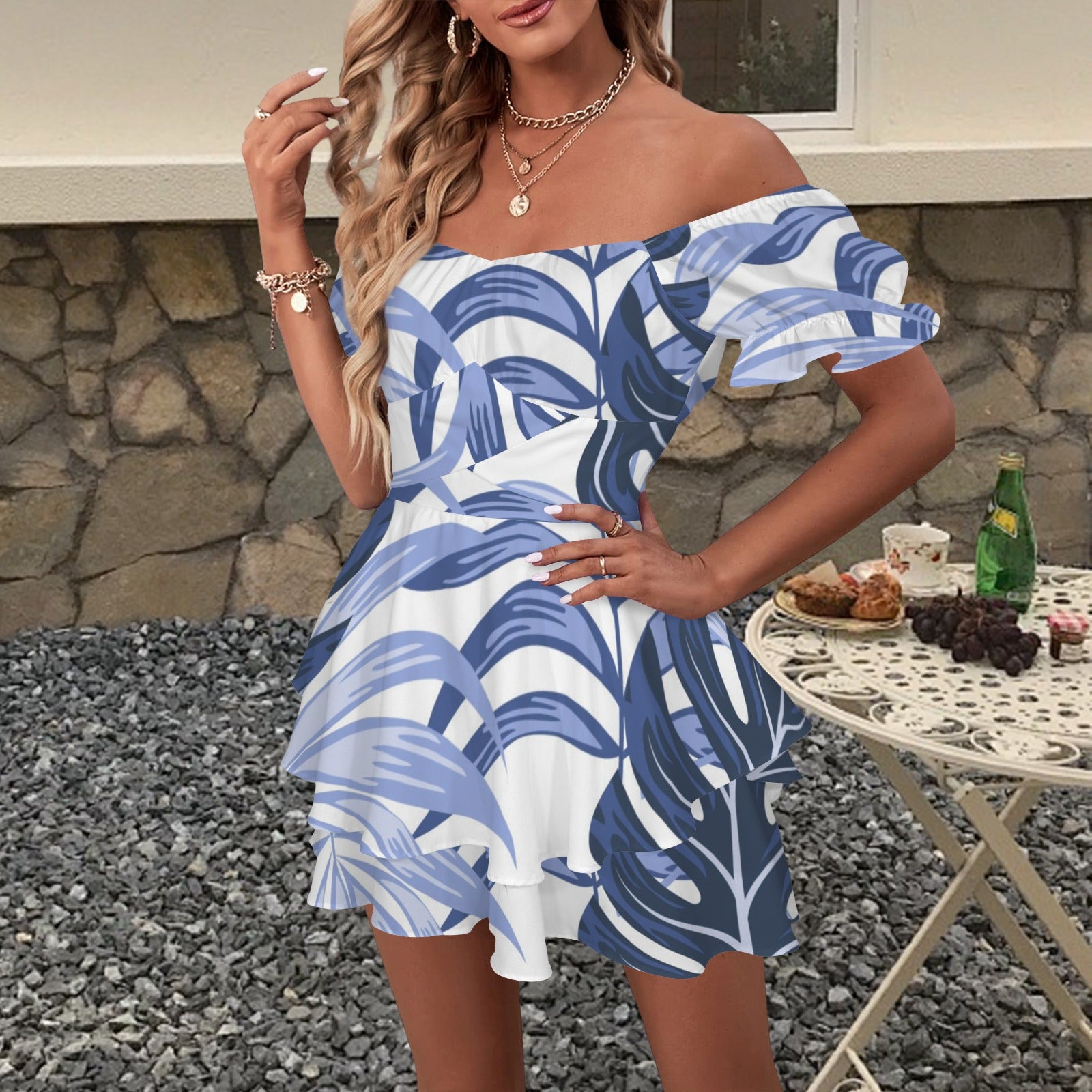 Off Shoulder Strappy Ruffle Hem Romper