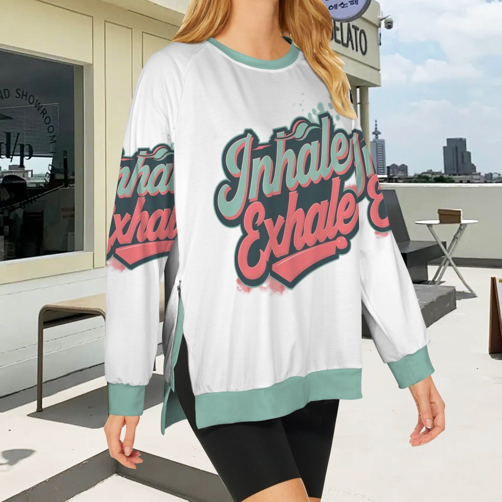 Women's Crew Neck Long Sleeve Side Zipper Sweatshirt