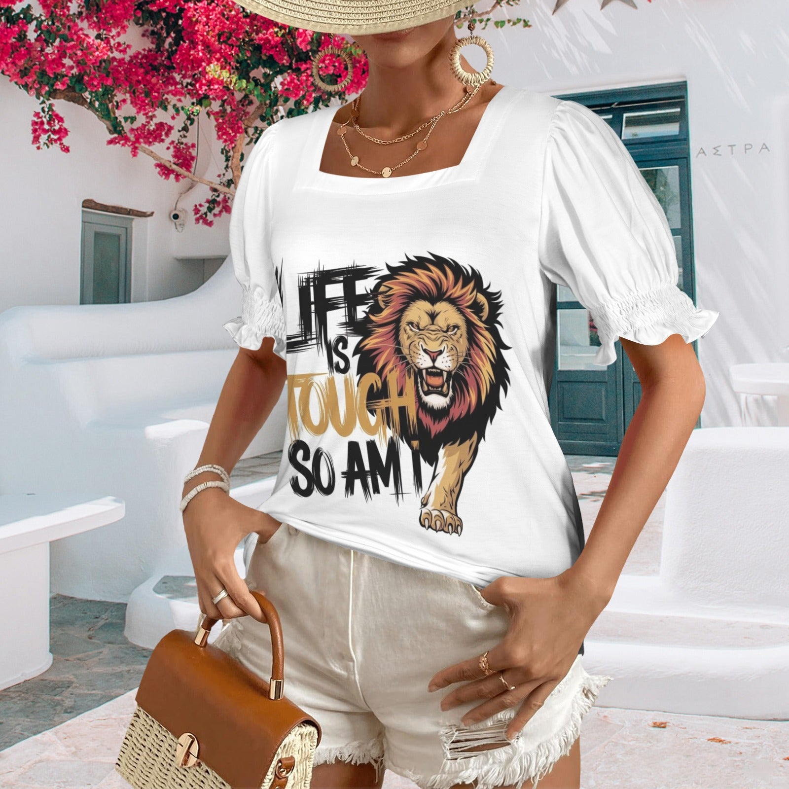 Women's Ruffle Trim Sleeve Square Neck T Shirts