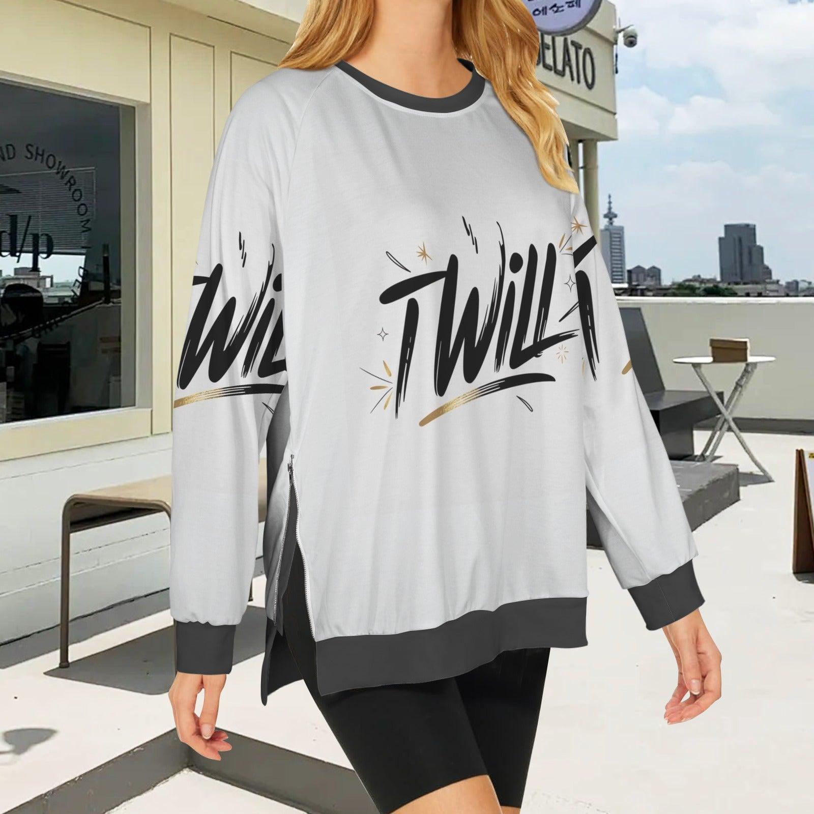 Women's Crew Neck Long Sleeve Side Zipper Sweatshirt