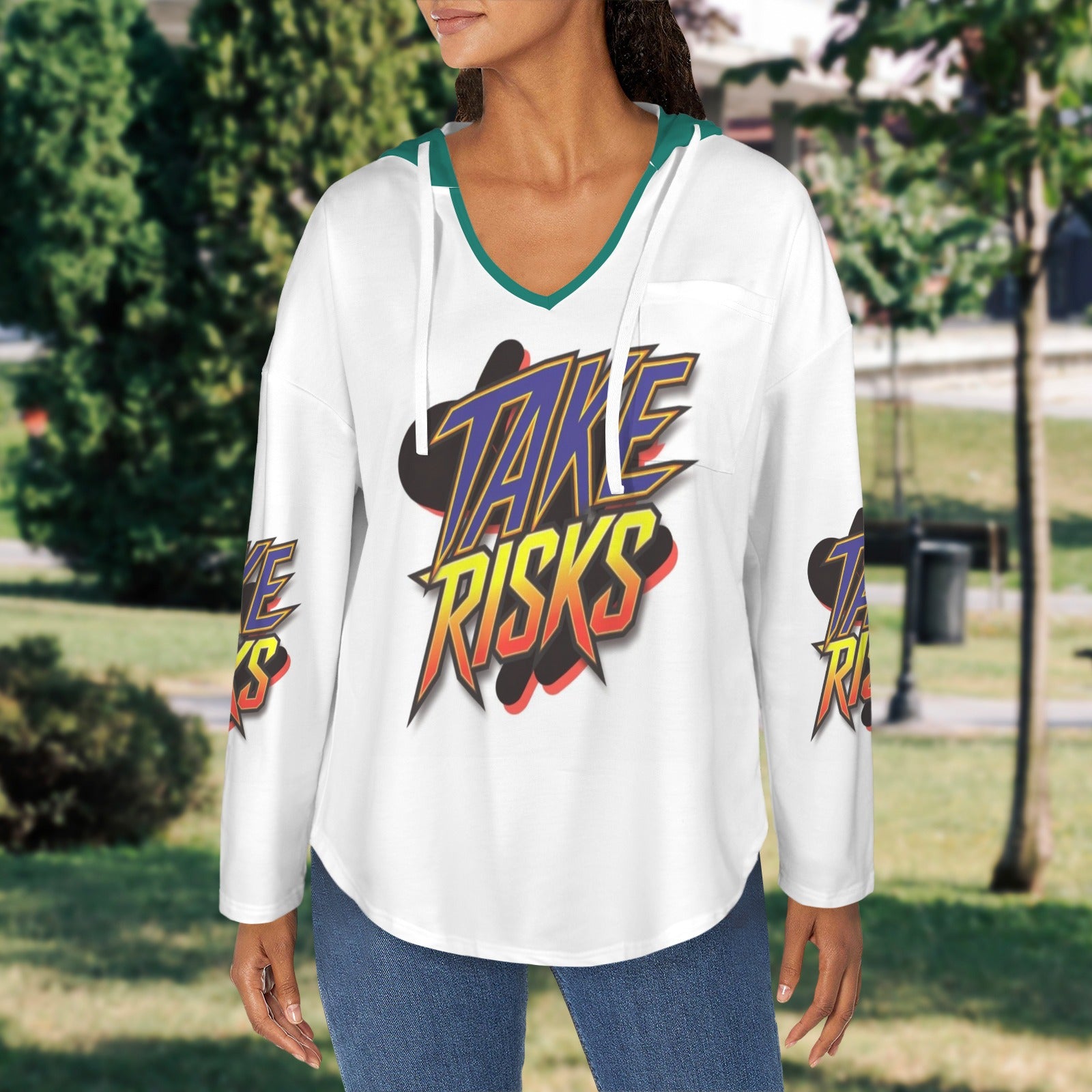 Women's V Neck Long Sleeve Drawstring Pocket Pullover Hoodies