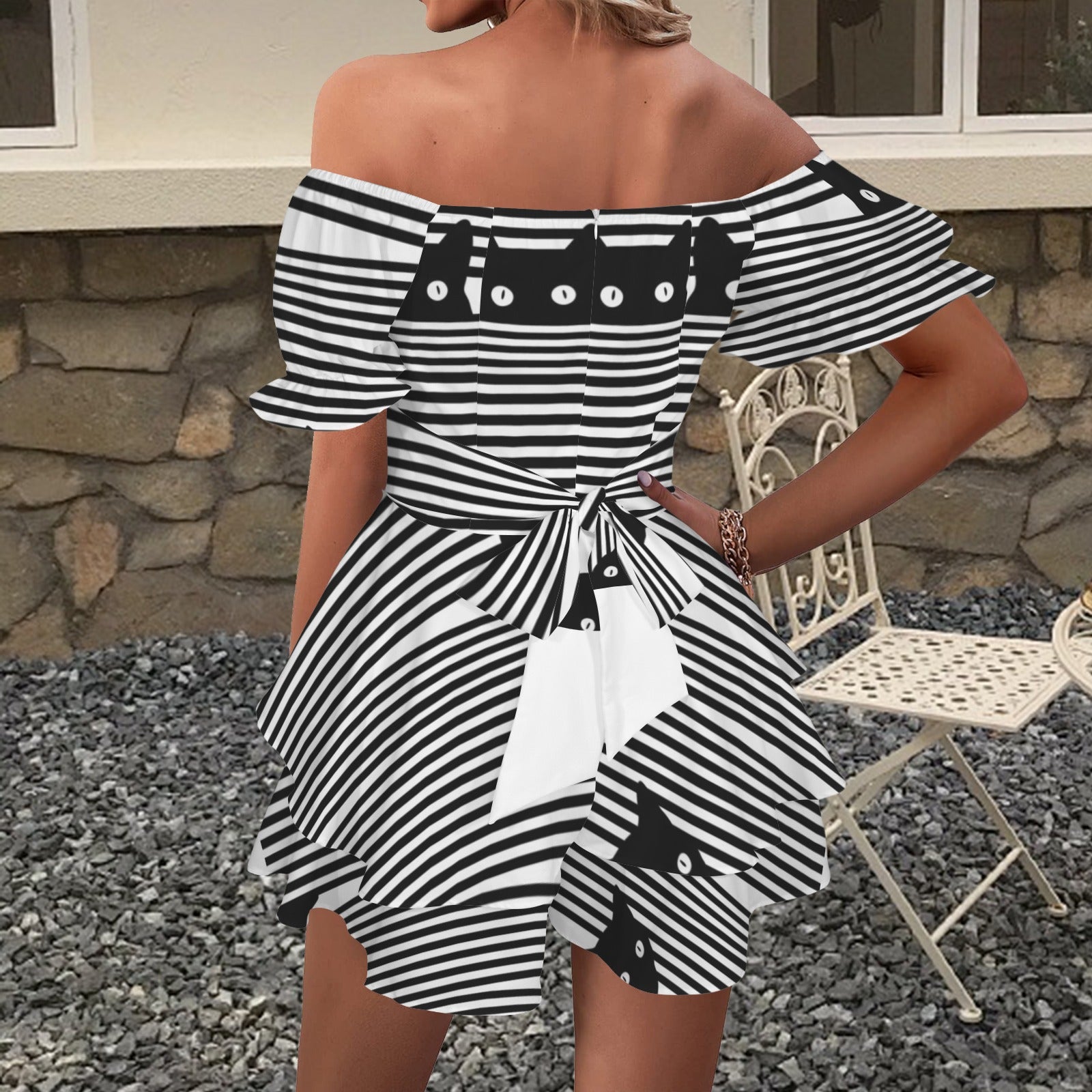 Off Shoulder Strappy Ruffle Hem Romper