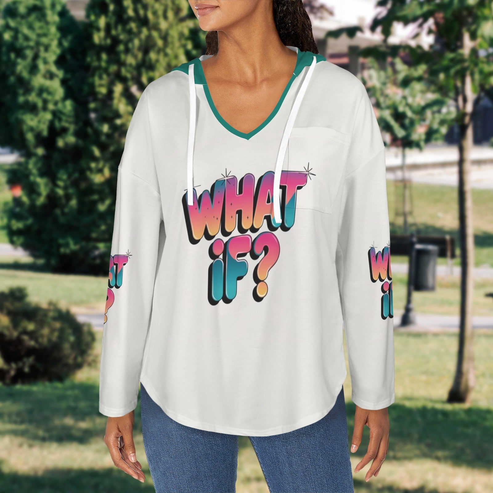 Women's V Neck Long Sleeve Drawstring Pocket Pullover Hoodies