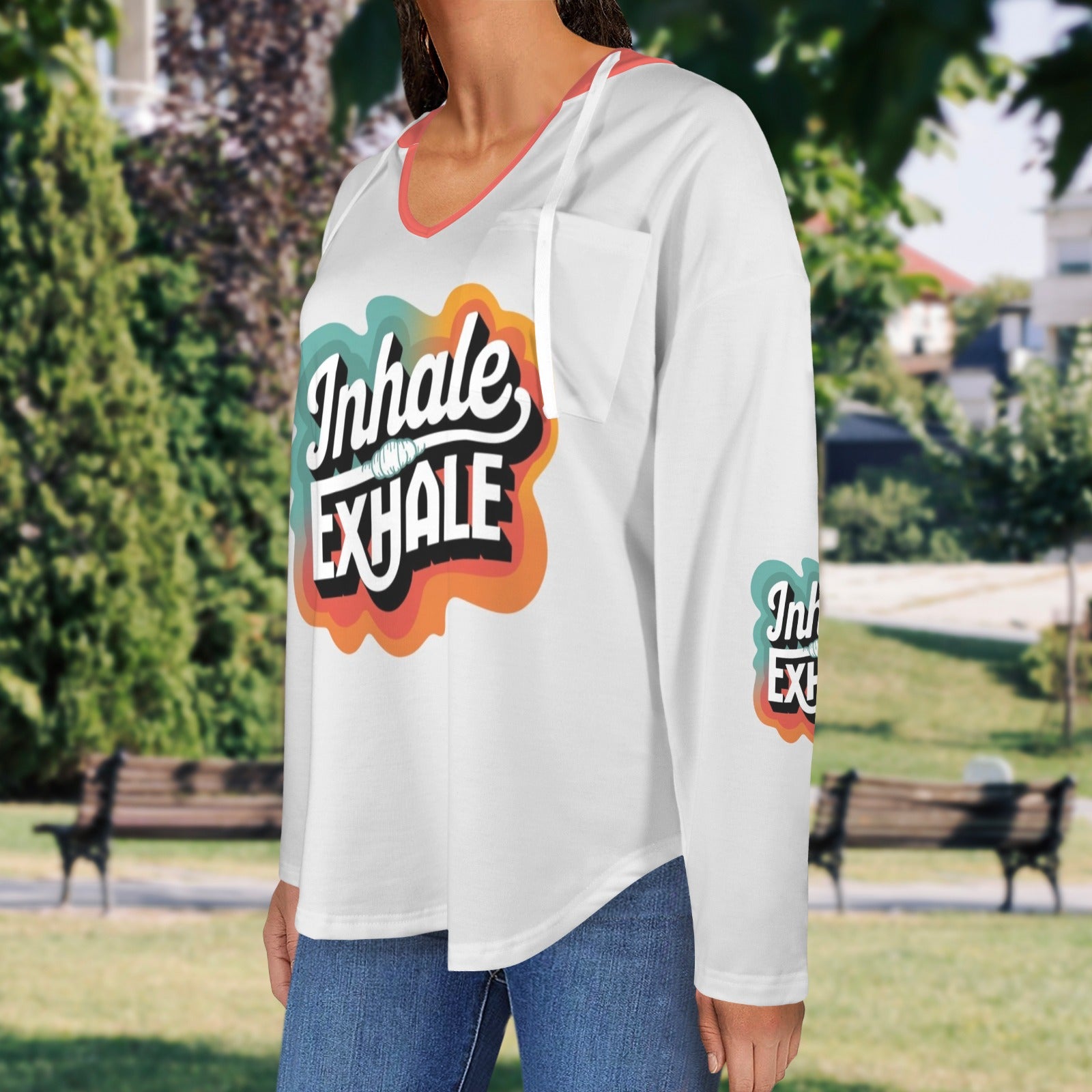 Women's V Neck Long Sleeve Drawstring Pocket Pullover Hoodies