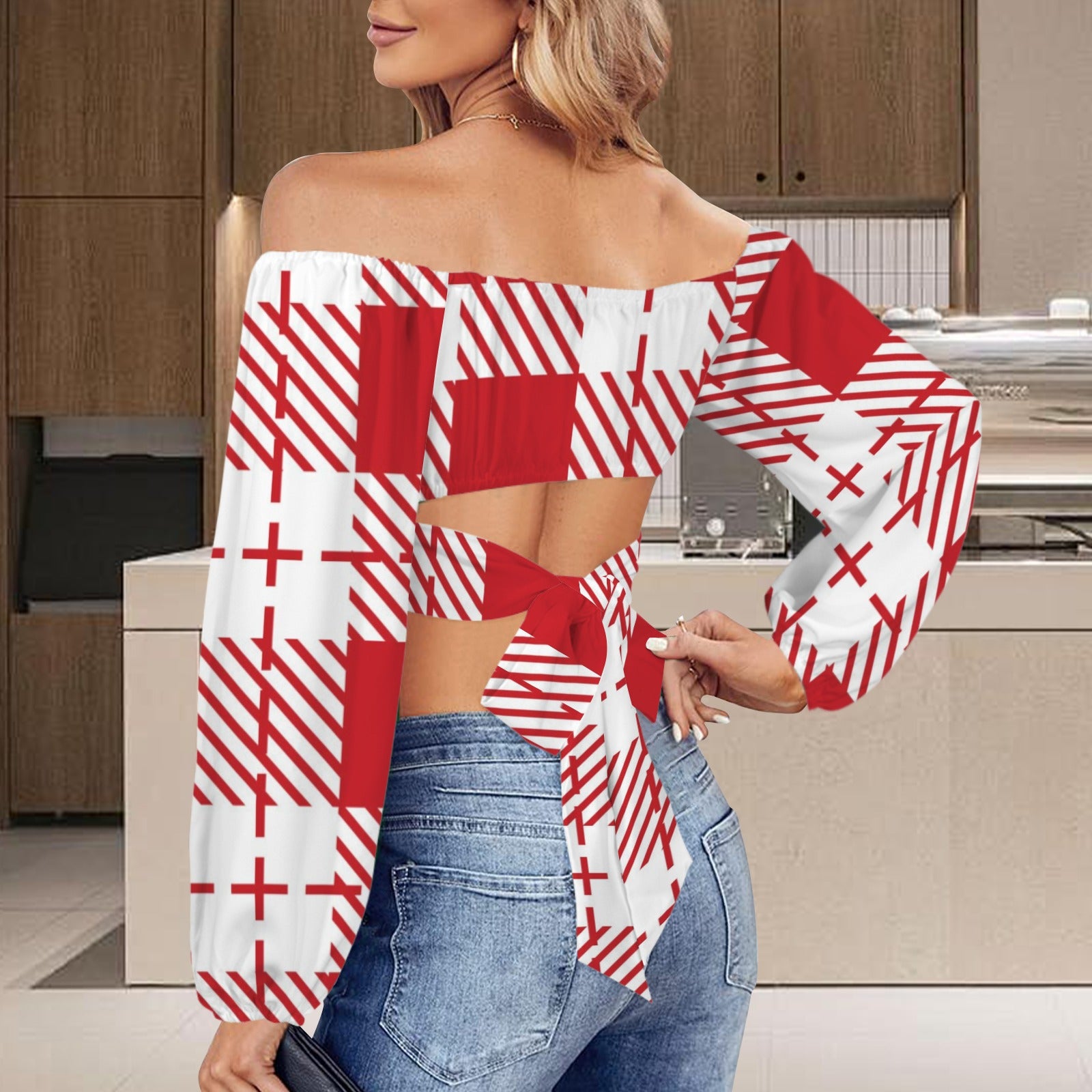 Off Shoulder Long Sleeve Cross Tie Back Crop Blouse