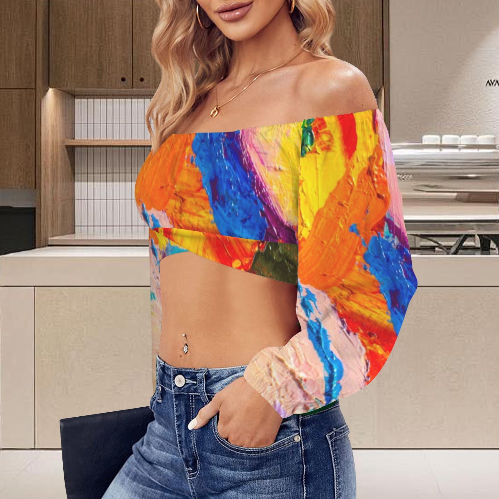 Off Shoulder Long Sleeve Cross Tie Back Crop Blouse