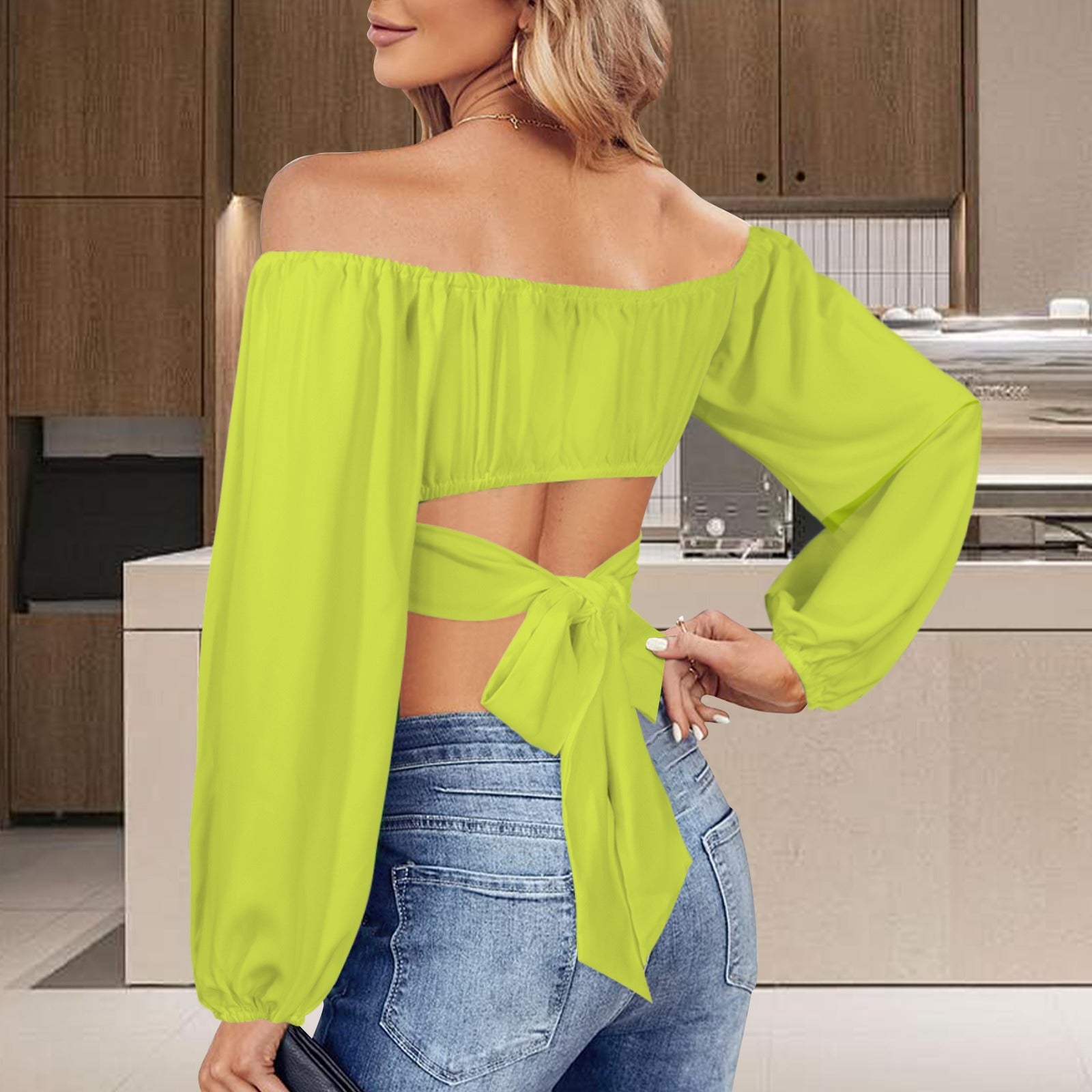Off Shoulder Long Sleeve Cross Tie Back Crop Blouse
